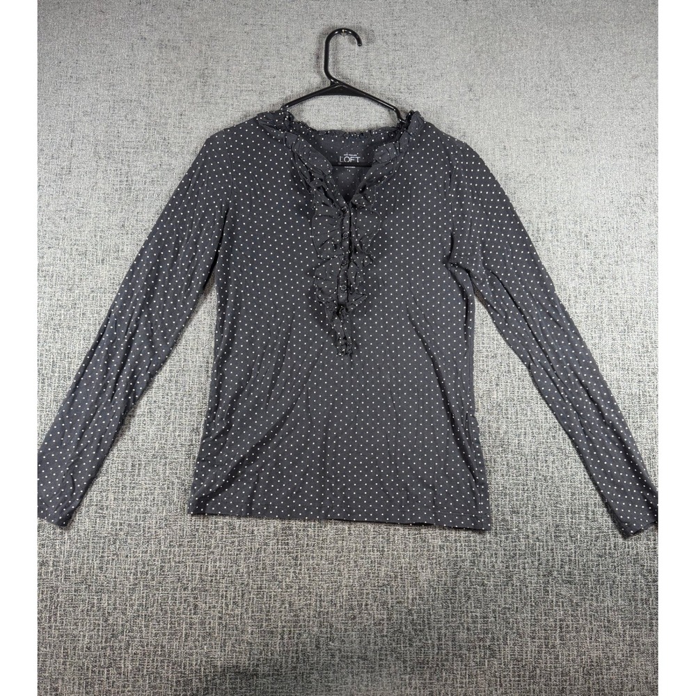 Ann Taylor LOFT Navy Polka Dot Ruffle V-Neck Long Sleeve Cotton Top Small